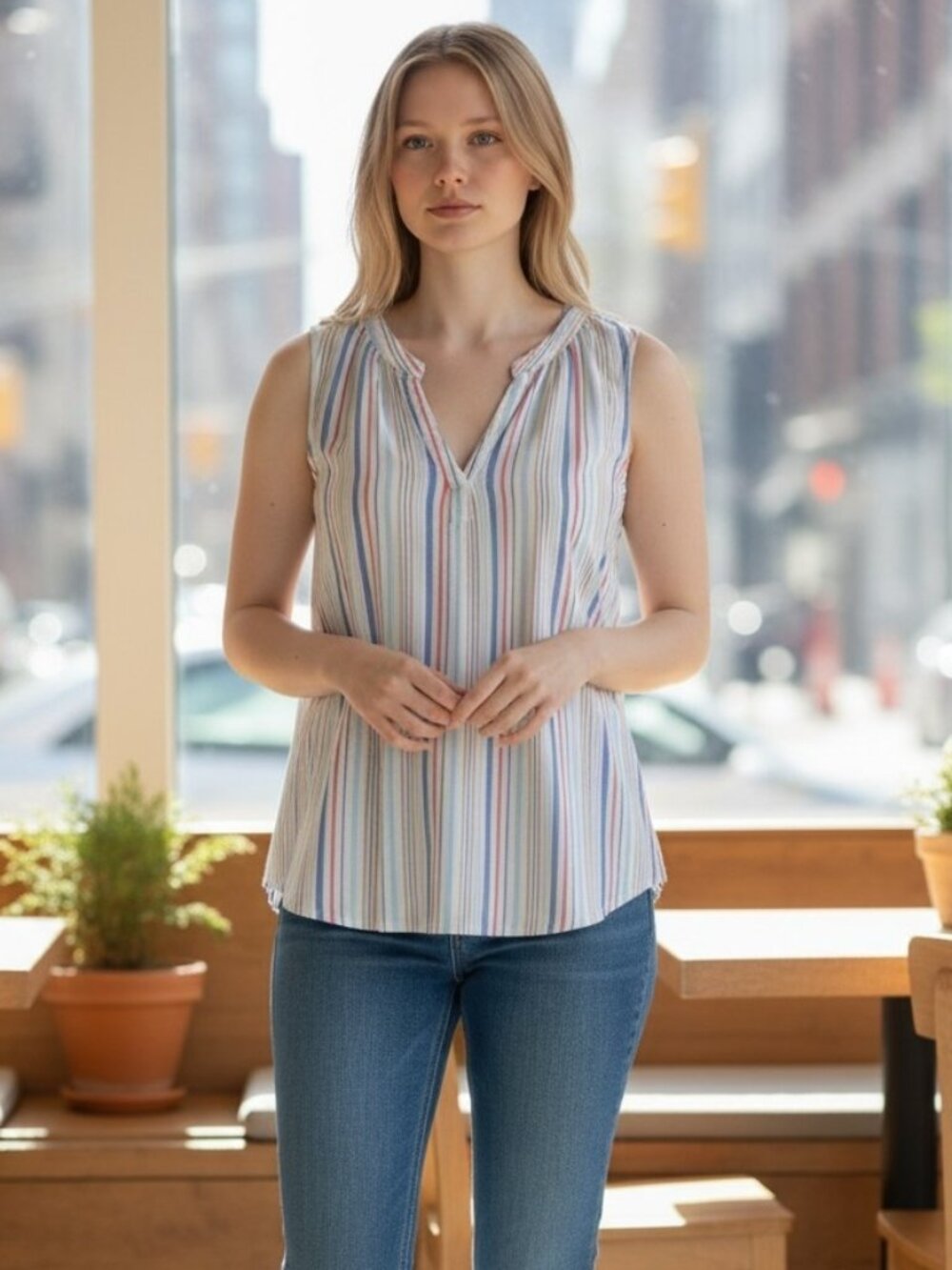 St. John’s Bay White Blouse with Multicolor Stripes - Size 3X